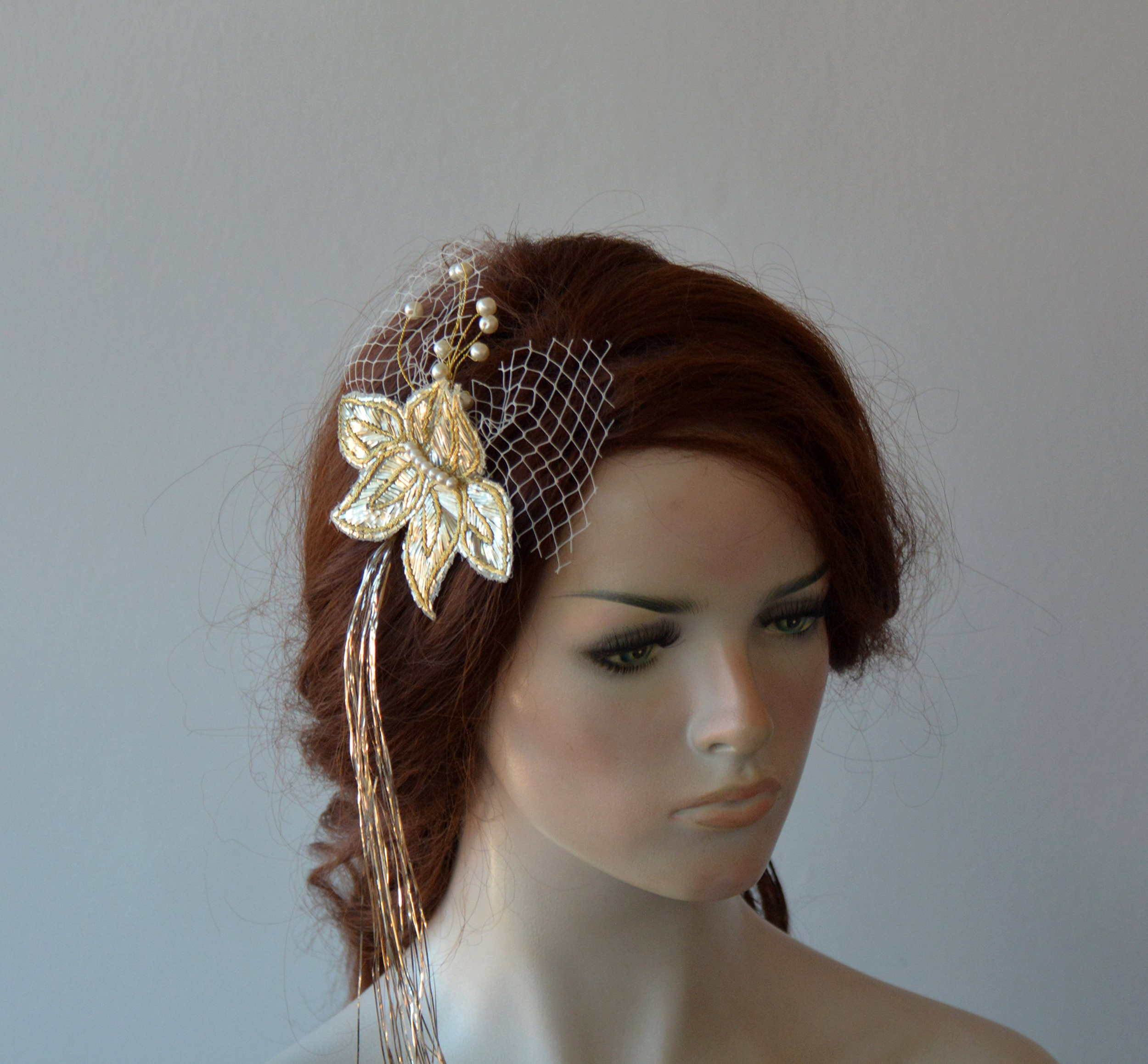 Gold Floral Birdcage Veil Fascinator